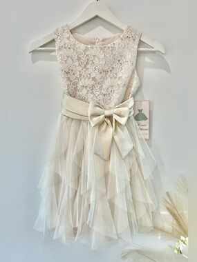 Rare Editions Ivory Lace & Tulle Bow Dress